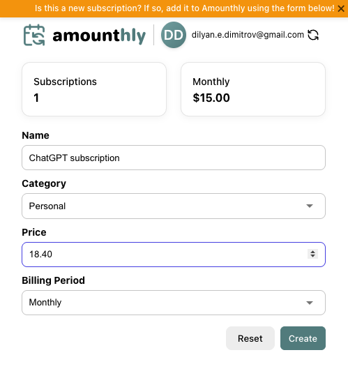 Chrome Extension popup interface for adding new subscriptions